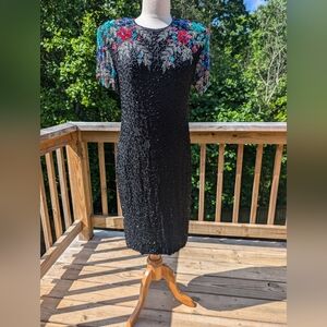 Vintage Scala Beaded Dress 80s Silk Black Floral Open Back Medium Evening Party